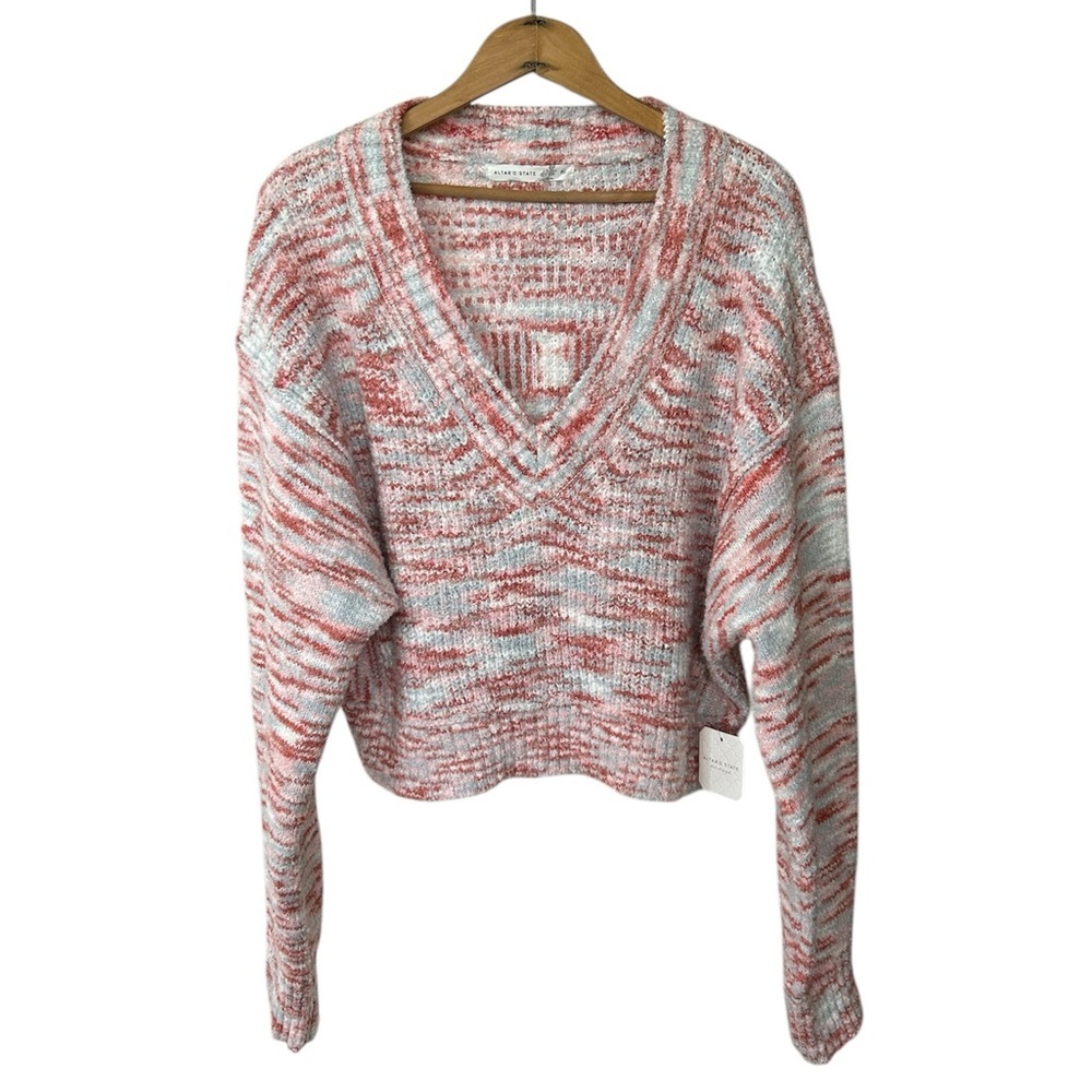 NWT Altar’d State | Women’s white/rust/light blue mottled v-neck crop sweater XL